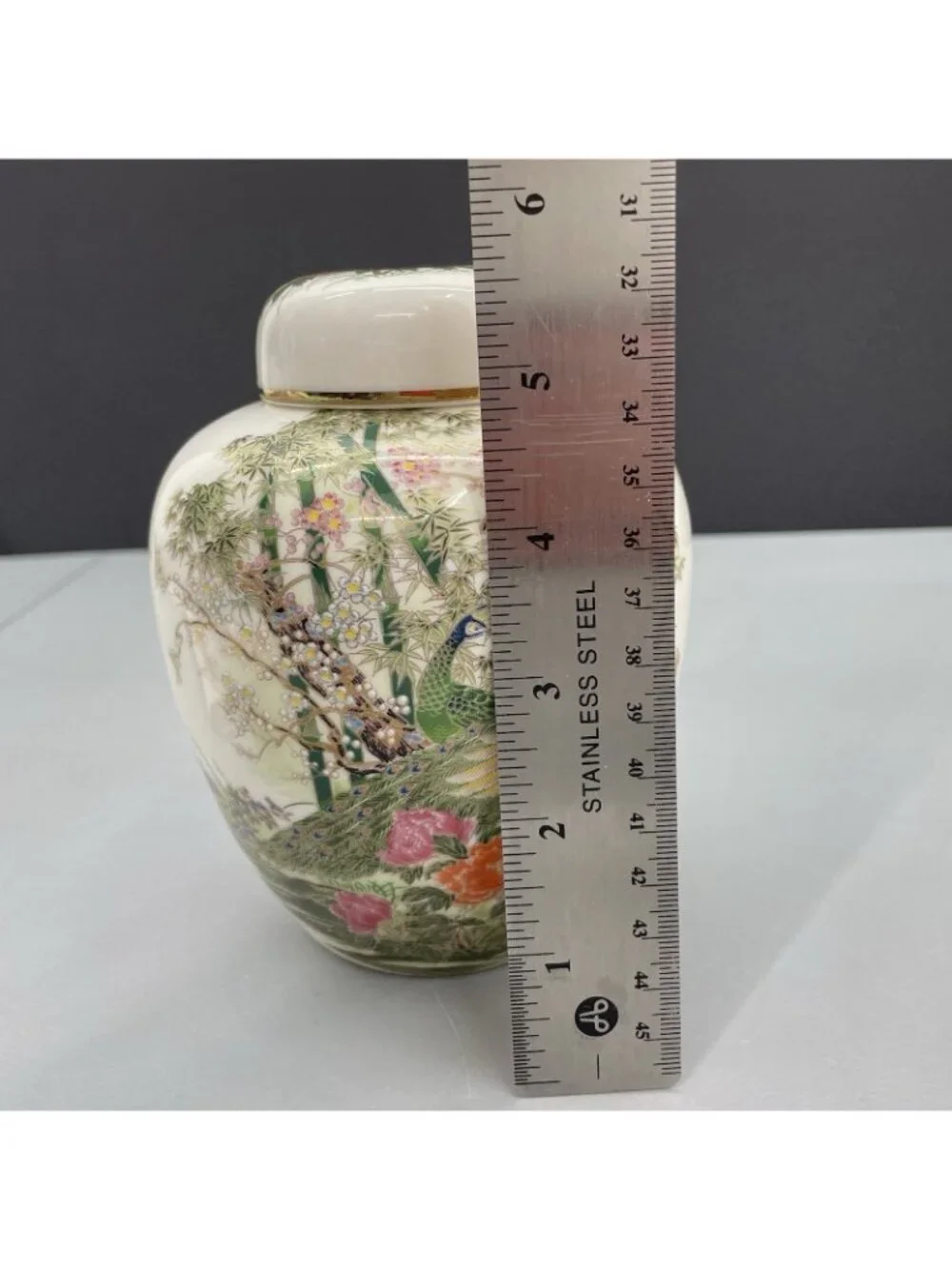 Vintage 70s Japan Yamaji Ginger Jar Peacocks Floral Porcelain Hand Painted